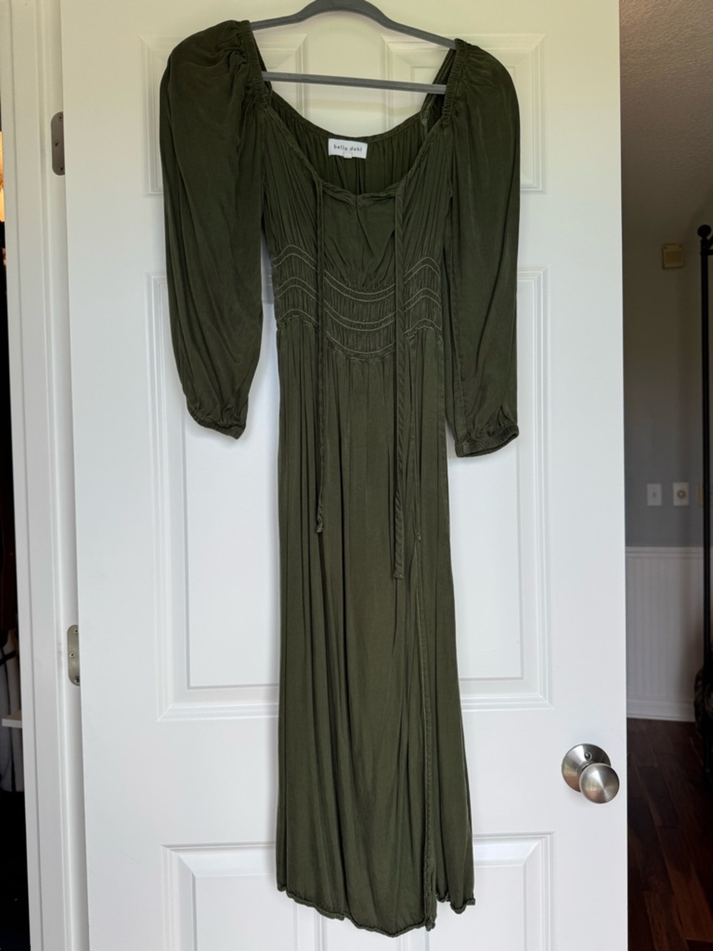 Bella Dahl Olive Green Boho Midi Dress with Puff Sleeves